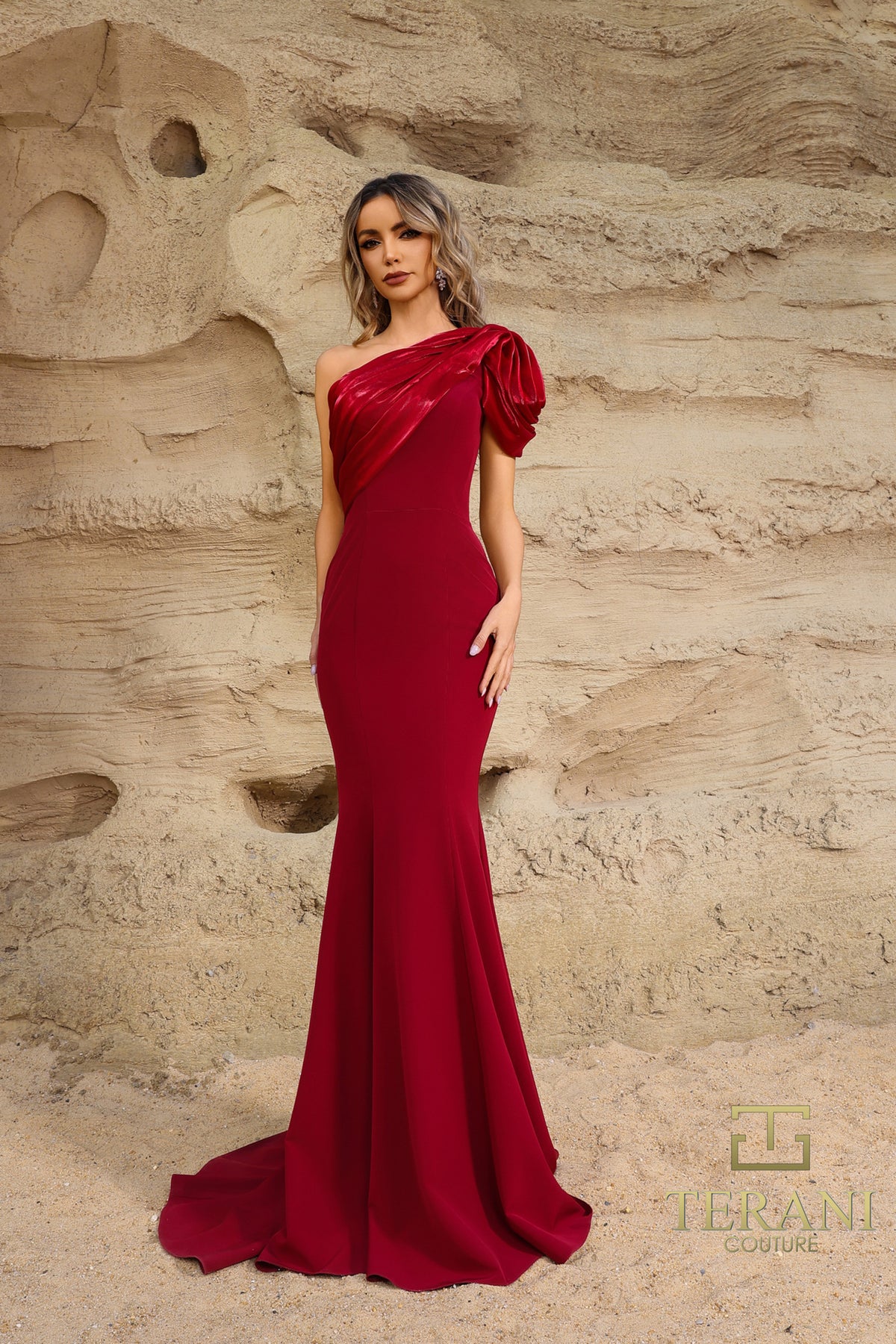 Terani Couture - 252E5514 - Fit and Flare Gown with One-Shoulder Draped Detail