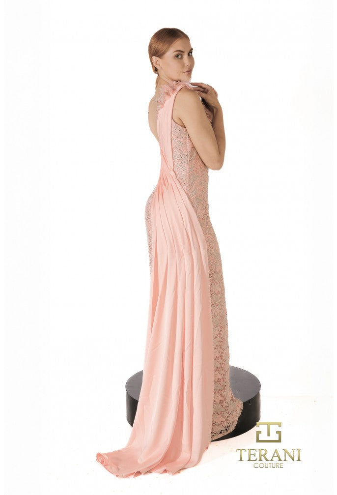Woman wearing a pink evening gown with lace details on a white background, featuring the Terani brand.