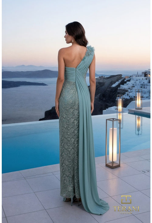 Terani Couture - 261E6257 - One-Shoulder Lace Gown with Draped Detail