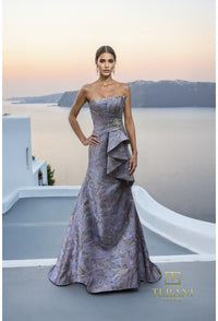 Model wearing Terani Couture 261E6269 strapless sculpted evening gown with structured bodice and draped skirt details.