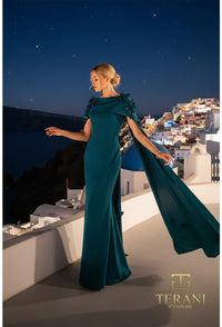 Woman in a dark green evening gown standing on a rooftop with a cityscape in the background, featuring the Terani Couture logo.
