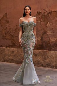 Model wearing Terani Couture 261P6676 off-shoulder mermaid gown with sweetheart neckline and intricate embellishment.