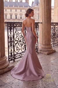 Woman in a mink color Terani Couture evening gown standing on a balcony with classical architecture in the background.  Back View