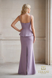 Model wearing Terani Couture 262E7099 mermaid evening gown with an embellished square neckline, shoulder straps, peplum waist, back slit, and sweep train.