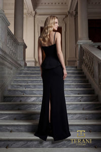 Model wearing Terani Couture 262E7099 mermaid evening gown with an embellished square neckline, shoulder straps, peplum waist, back slit, and sweep train.