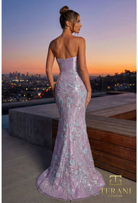 Woman in a lavender evening gown with a cityscape background