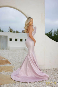 Terani 241E2405 Metallic Jacquard Trumpet Gown. Dress in pink.