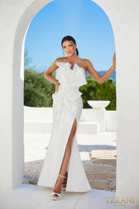 Terani 241E2411 Trumpet Silhouette Sleeveless Gown with Asymmetrical Design and Sparkly Beaded Bow