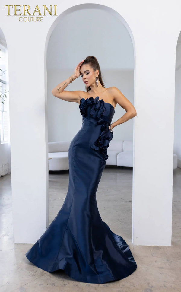 Terani 241E2512 Strapless Mermaid Gown in Midnight Color with Floral Beaded Detail