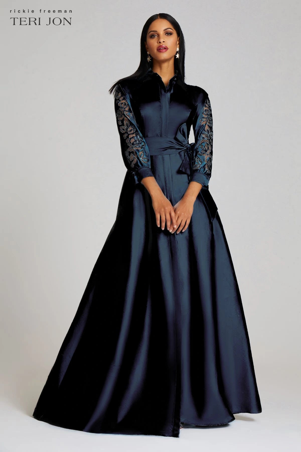 Teri Jon - 229023 - Taffeta Gown with Eyelet Sleeve and Collar Teri Jon - 229023 - Taffeta Gown with Eyelet Sleeve and Collar