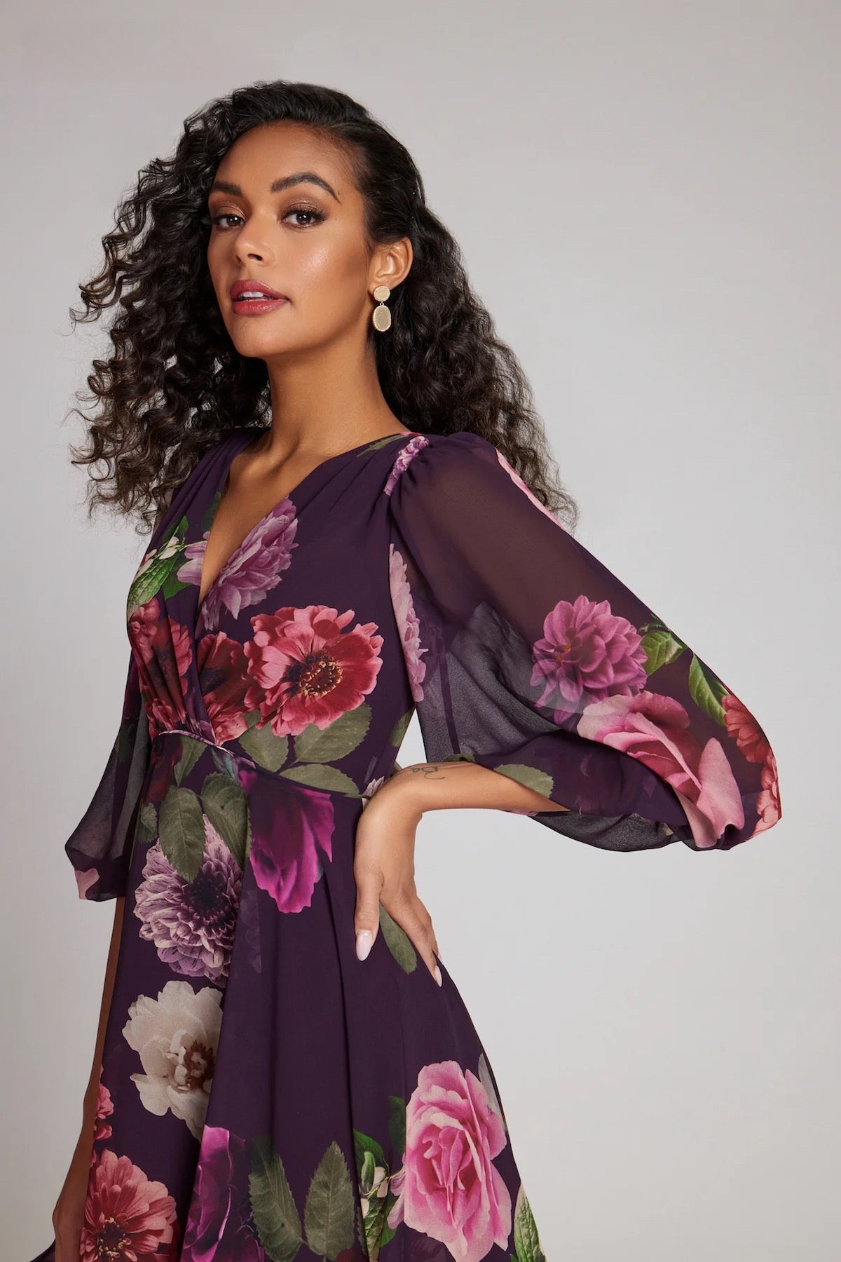 Teri Jon Style 23345 Plum Floral Dress - Knee-length, V-neckline, 3/4 flounce sheer puff sleeves, perfect for day occasions, special events, engagement parties, or bridal showers.