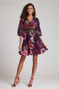 Teri Jon Style 23345 Plum Floral Dress - Knee-length, V-neckline, 3/4 flounce sheer puff sleeves, perfect for day occasions, special events, engagement parties, or bridal showers.