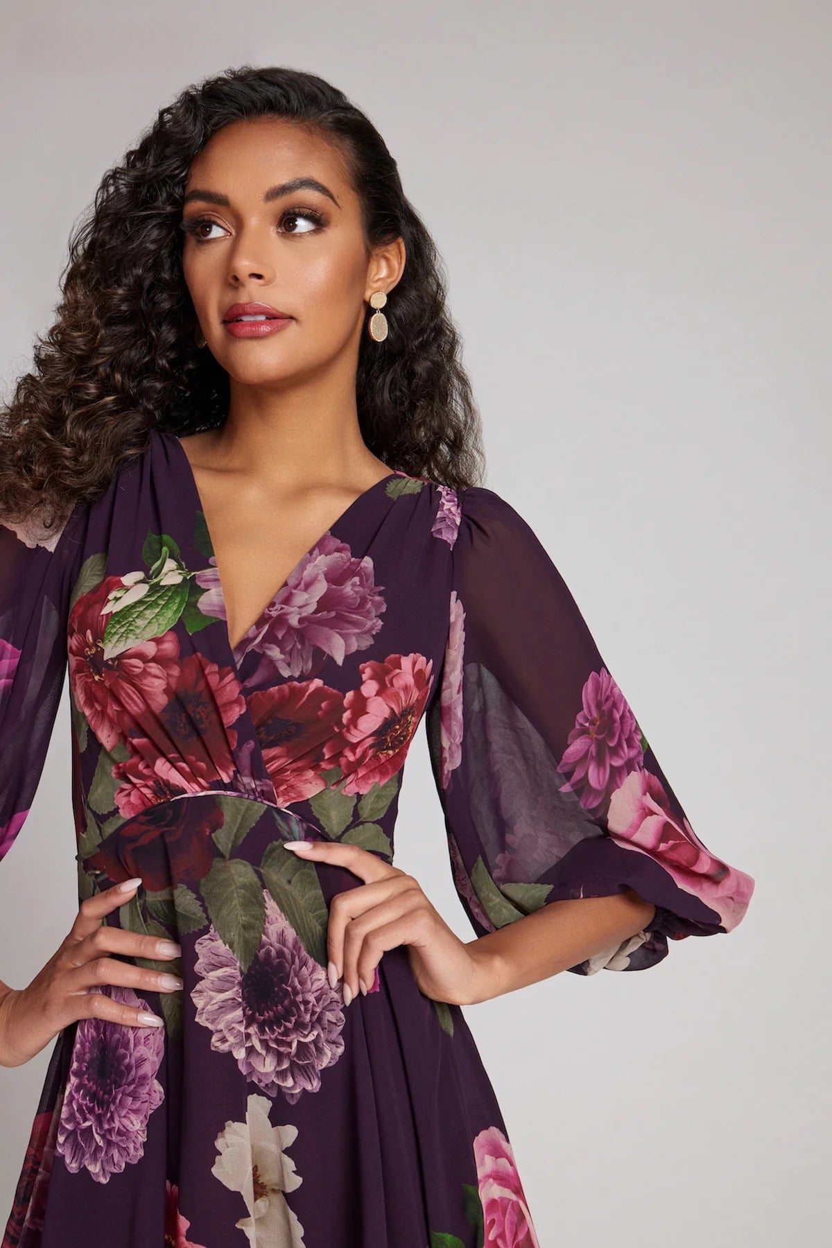 Teri Jon Chiffon Floral Print V Neckline Empire Aline Dress Size 6