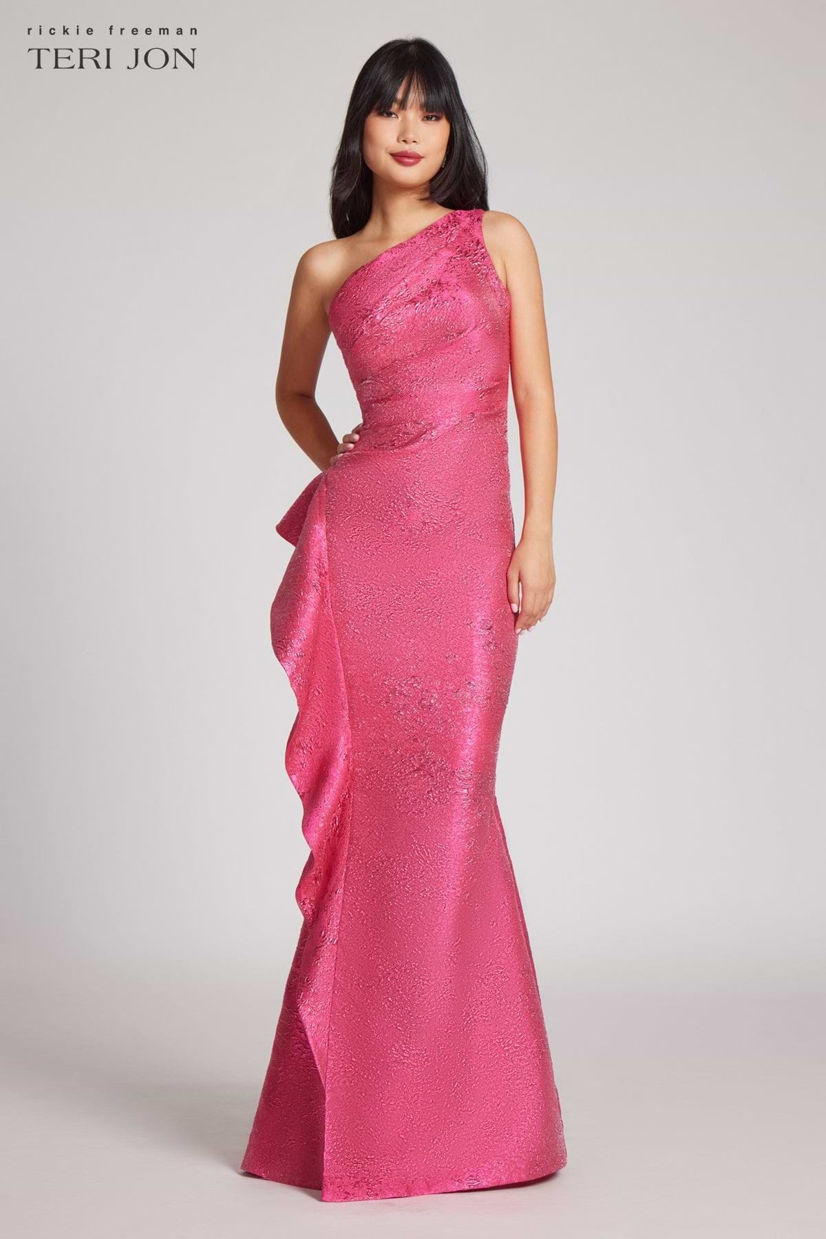 teri jon hot pink dress Jacquard Side Ruffle One Shoulder Gown