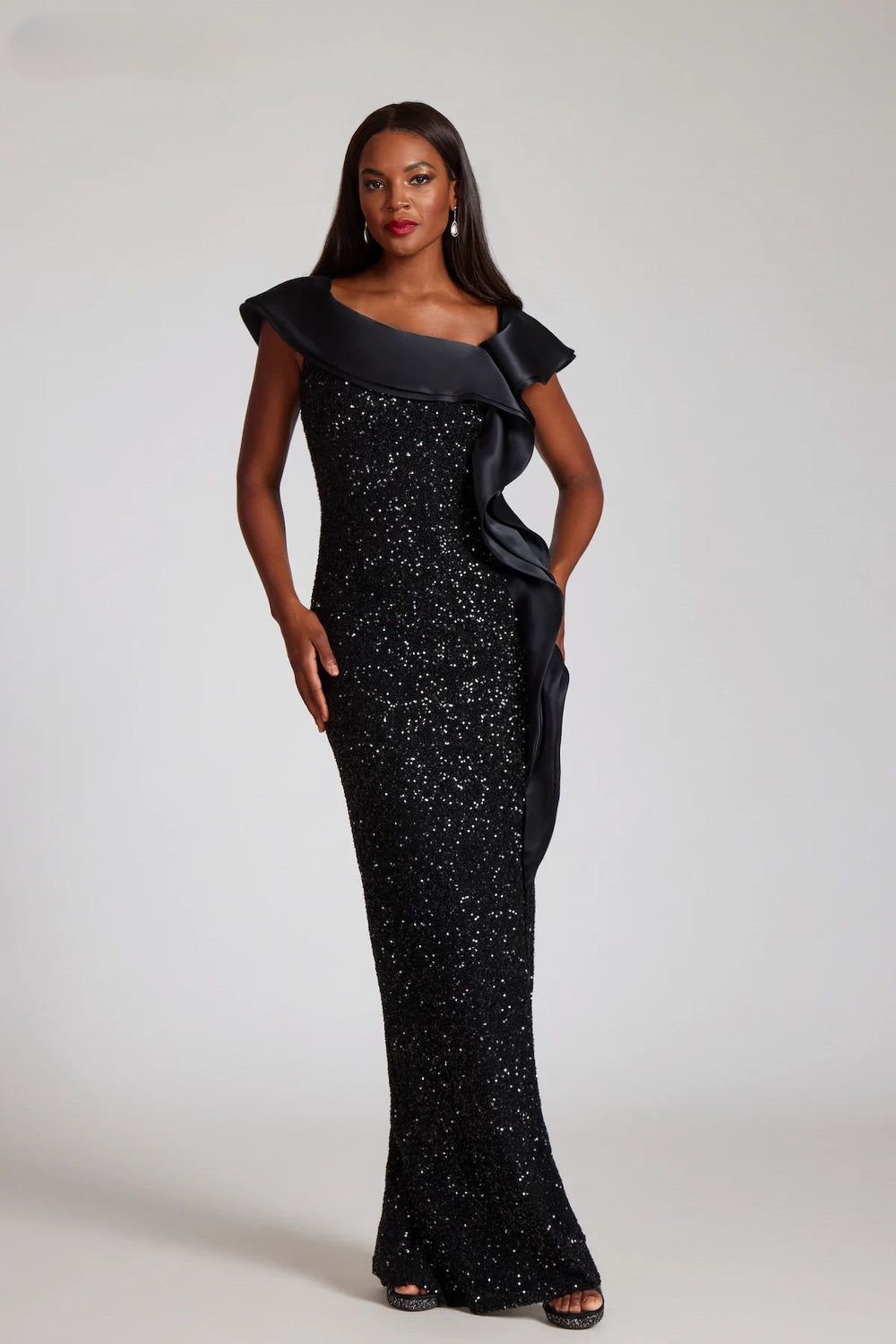 teri jon sequin dress Teri Jon Floral Beaded Crepe 3/4 Sleeve Pleated Gown Size 14