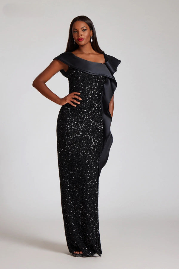Teri Jon 249006 Sequin Off-the-Shoulder Evening Gown, glamorous gown with sequin detailing, perfect for evening events and mother of the bride occasions.