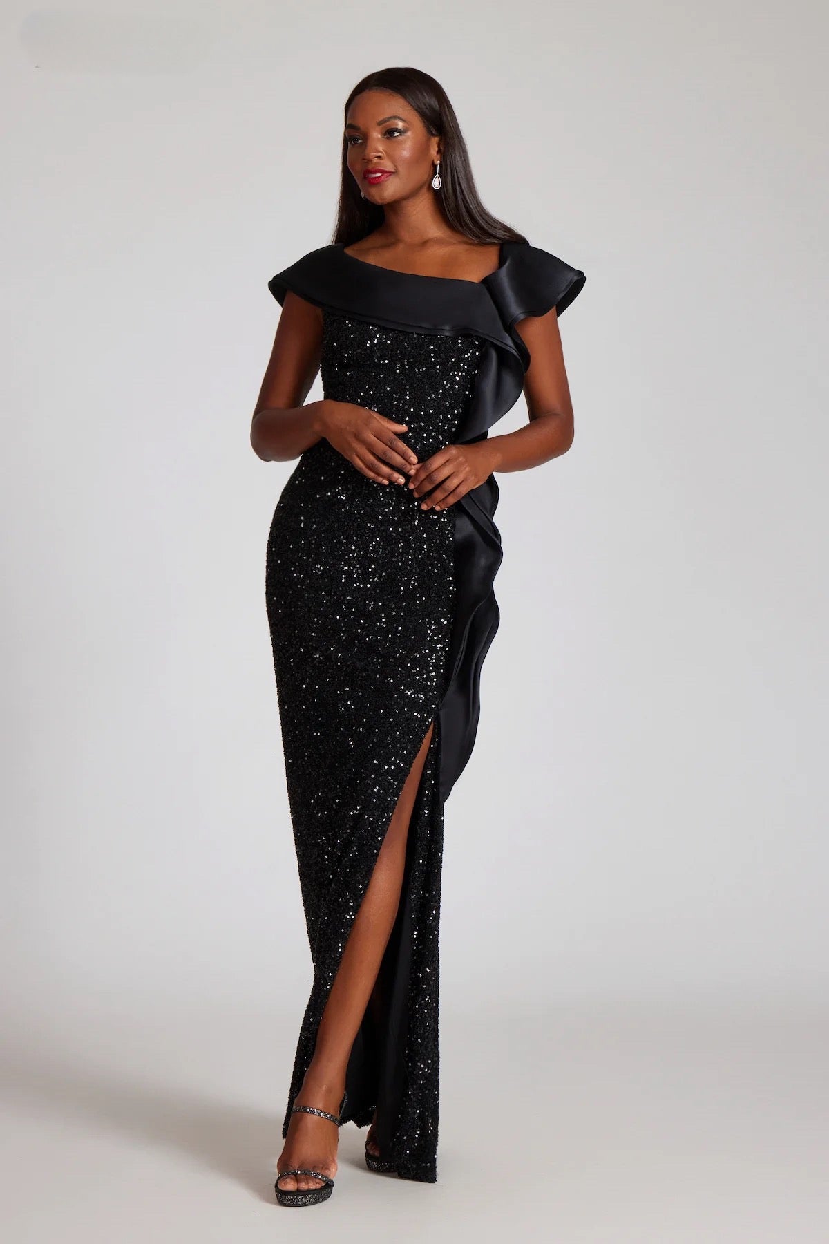 Teri Jon - 249006 - Sequin Off-the-Shoulder Evening Gown With Organza Ruffle Teri Jon - 249006 - Sequin Off-the-Shoulder Evening Gown With Organza Ruffle