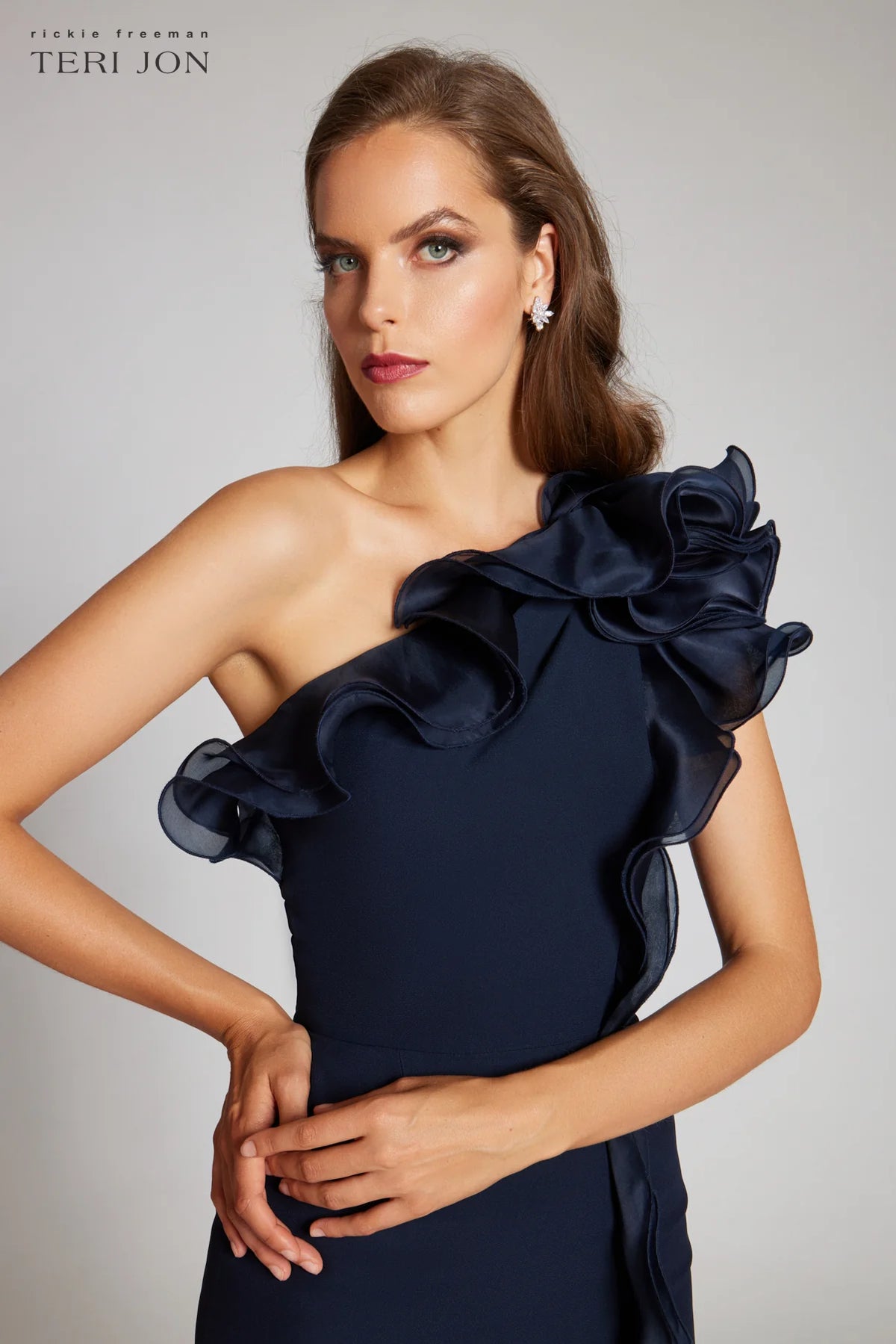 Teri Jon - 249043 - One-Shoulder Gown with Cascading Ruffle Detail Madeline's Boutique Boca Raton Teri Jon - 249043 - One-Shoulder Gown with Cascading Ruffle Detail Madeline's Boutique Boca Raton