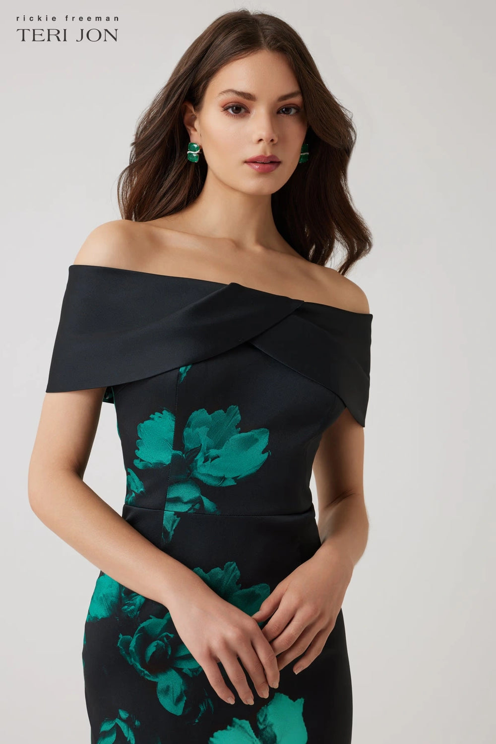 Rickie Freeman for Teri Jon Off-Shoulder Stretch Mikado Column Gown, BLACK, Women's, 2