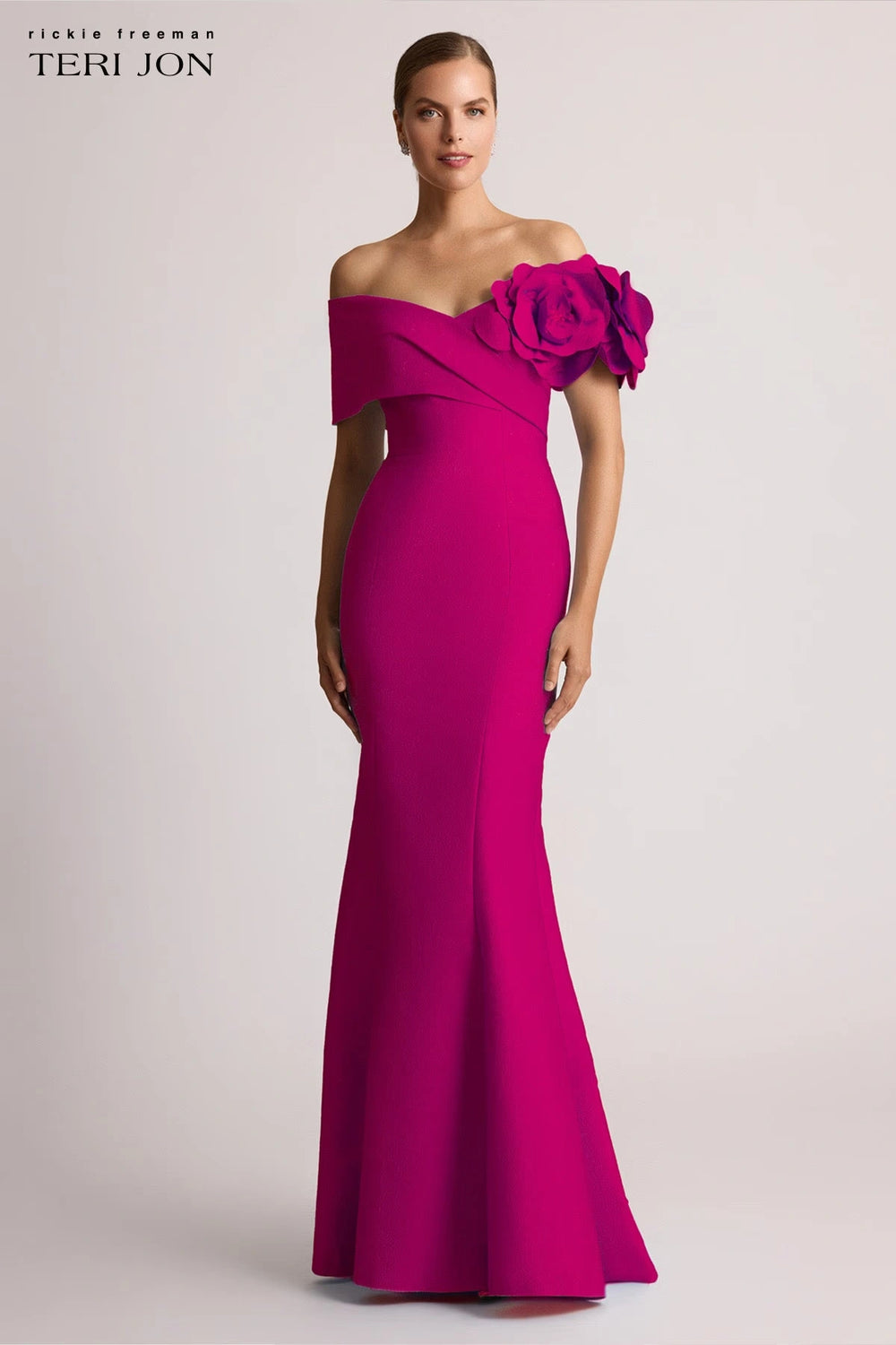 Teri Jon Pebble Jacquard 3D Flower Gown - Berry