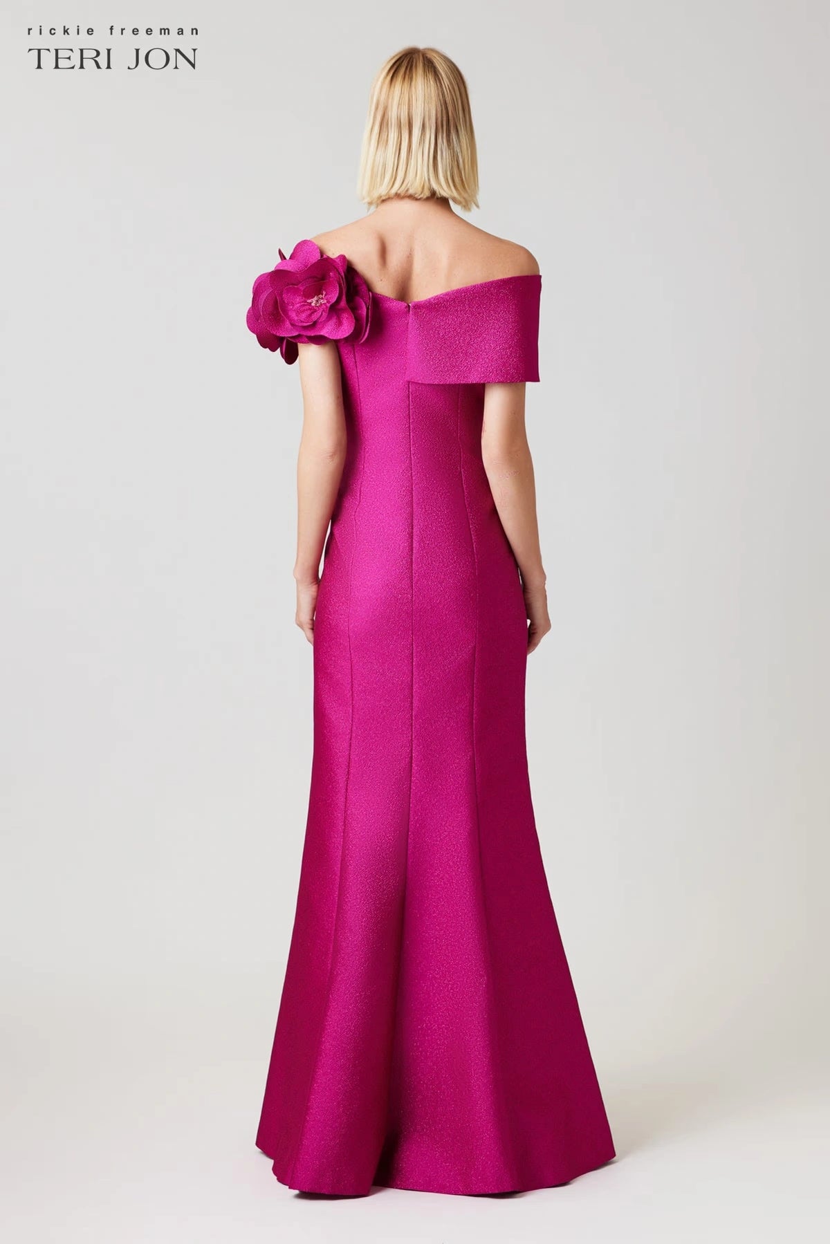 Teri Jon Pebble Jacquard 3D Flower Gown - Berry