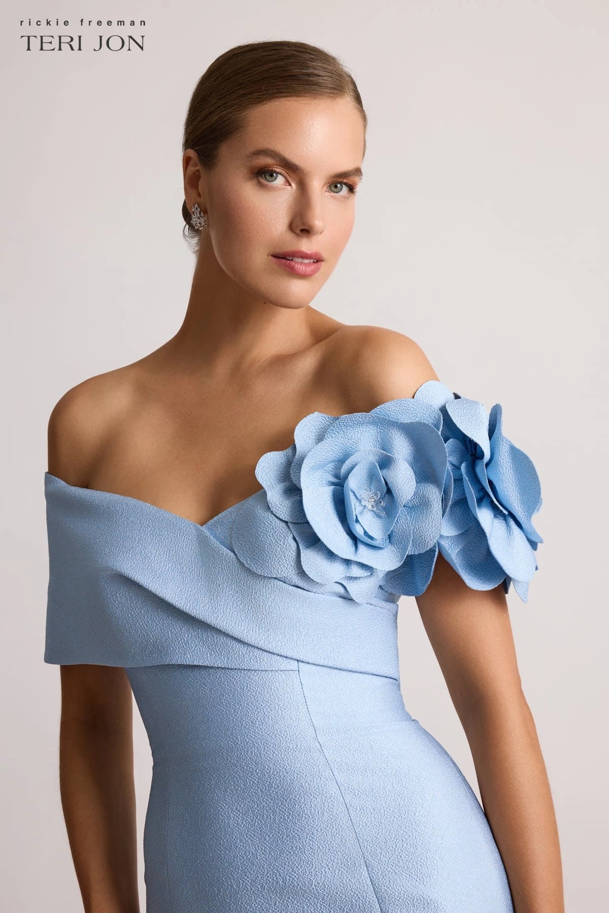 Teri Jon Pebble Jacquard 3D Flower Gown - Berry