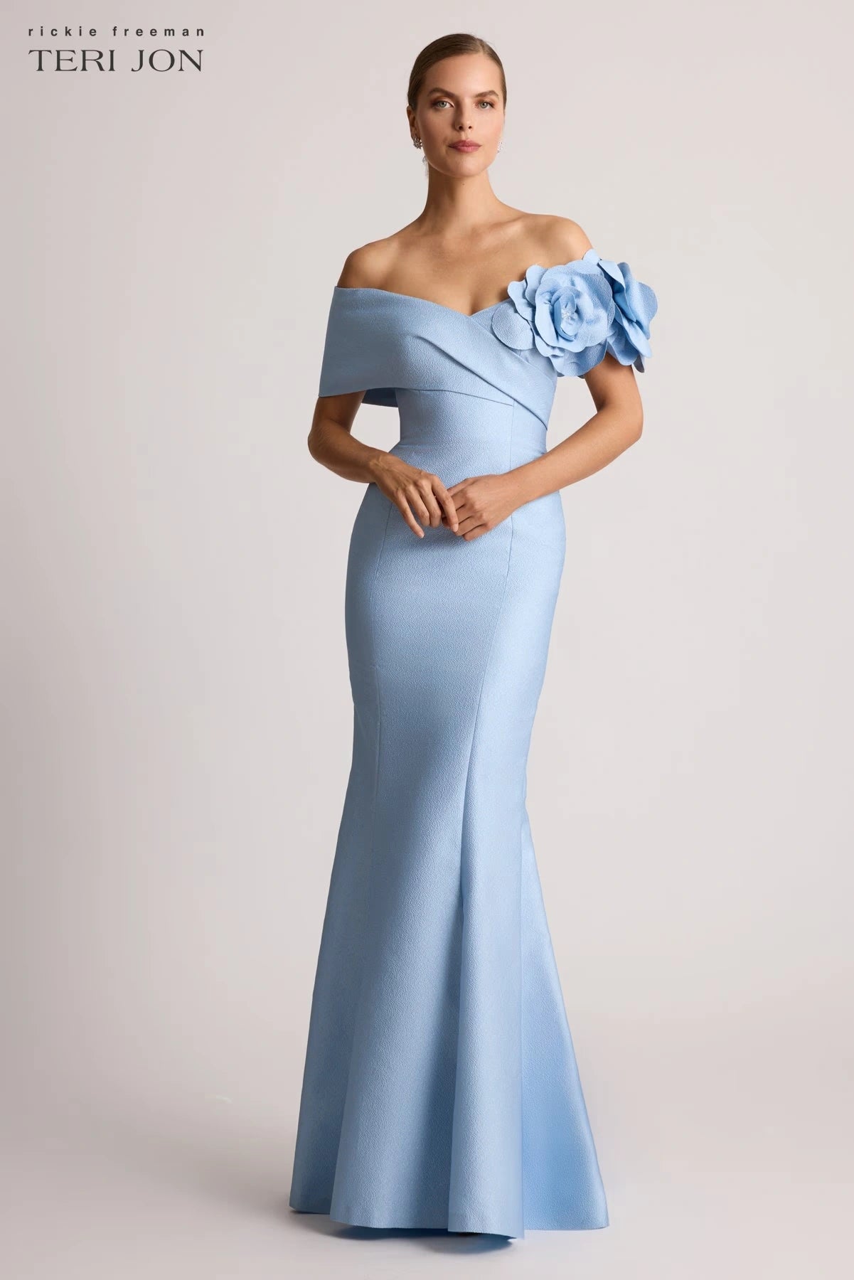 Teri Jon Pebble Jacquard 3D Flower Gown - Berry Teri Jon Pebble Jacquard 3D Flower Gown - Berry
