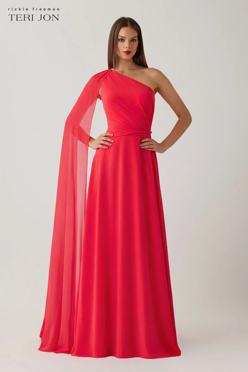 Model wearing Teri Jon 266020 one-shoulder evening gown with cape sleeve detail.