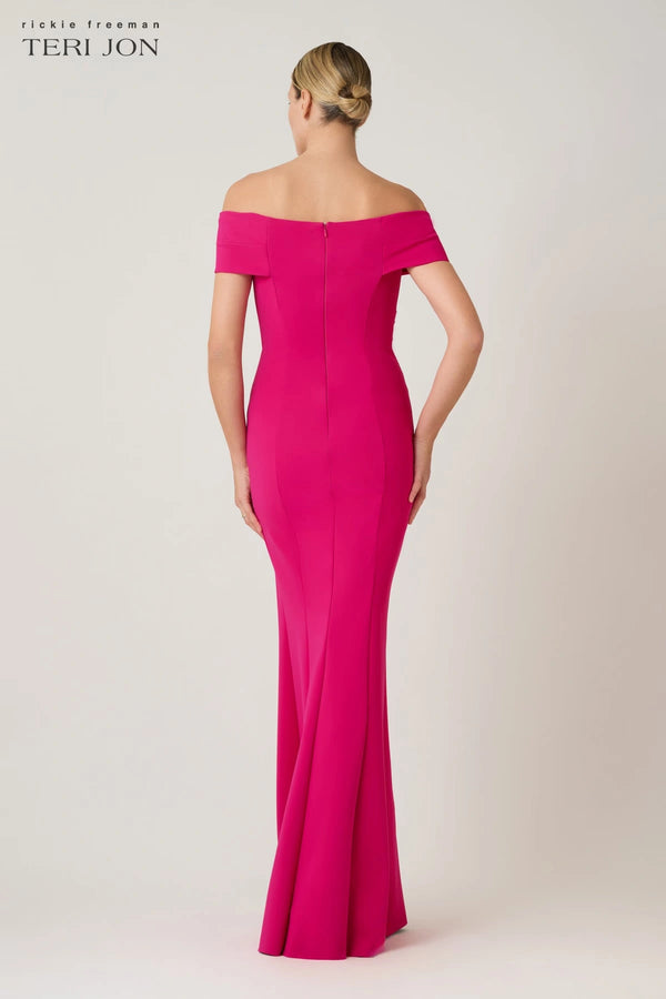 Woman wearing a bright pink off-shoulder gown on a white background, with 'Teri Jon' branding.