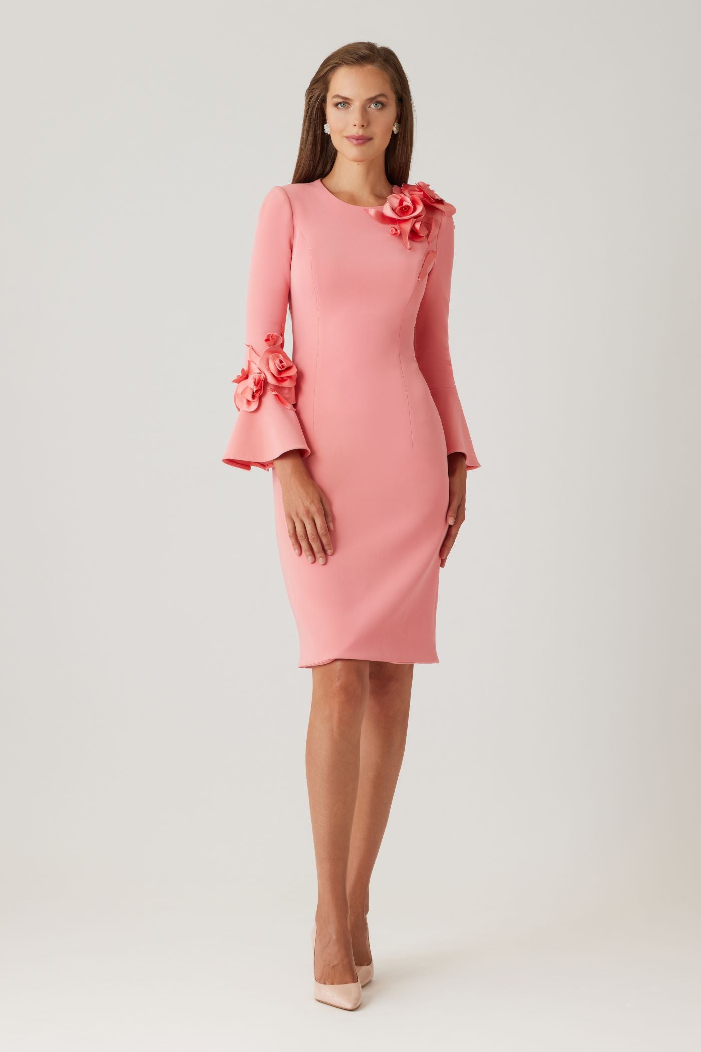 Rickie Freeman For Teri Jon Floral Applique Flare-Cuff Crepe Dress, Salmon, Women's, 10, Cocktail & Party Wedding Guest Dresses Floral Dresses