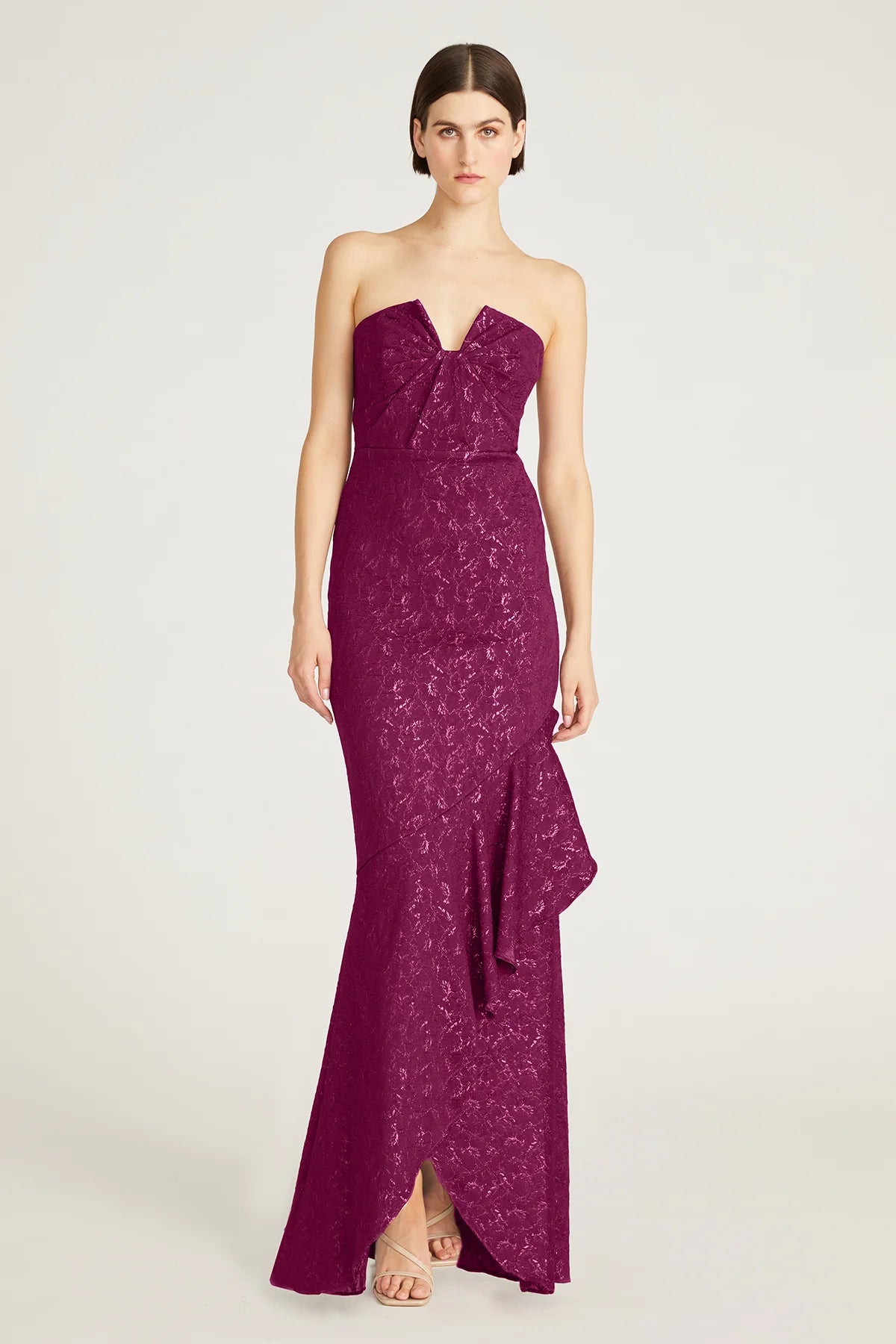 theia evening dresses Cynthia Draped Bow Bodice Gown In Lilac Whisper (Size 8) This long gown is strapless THEIA Fern Fit And Flare