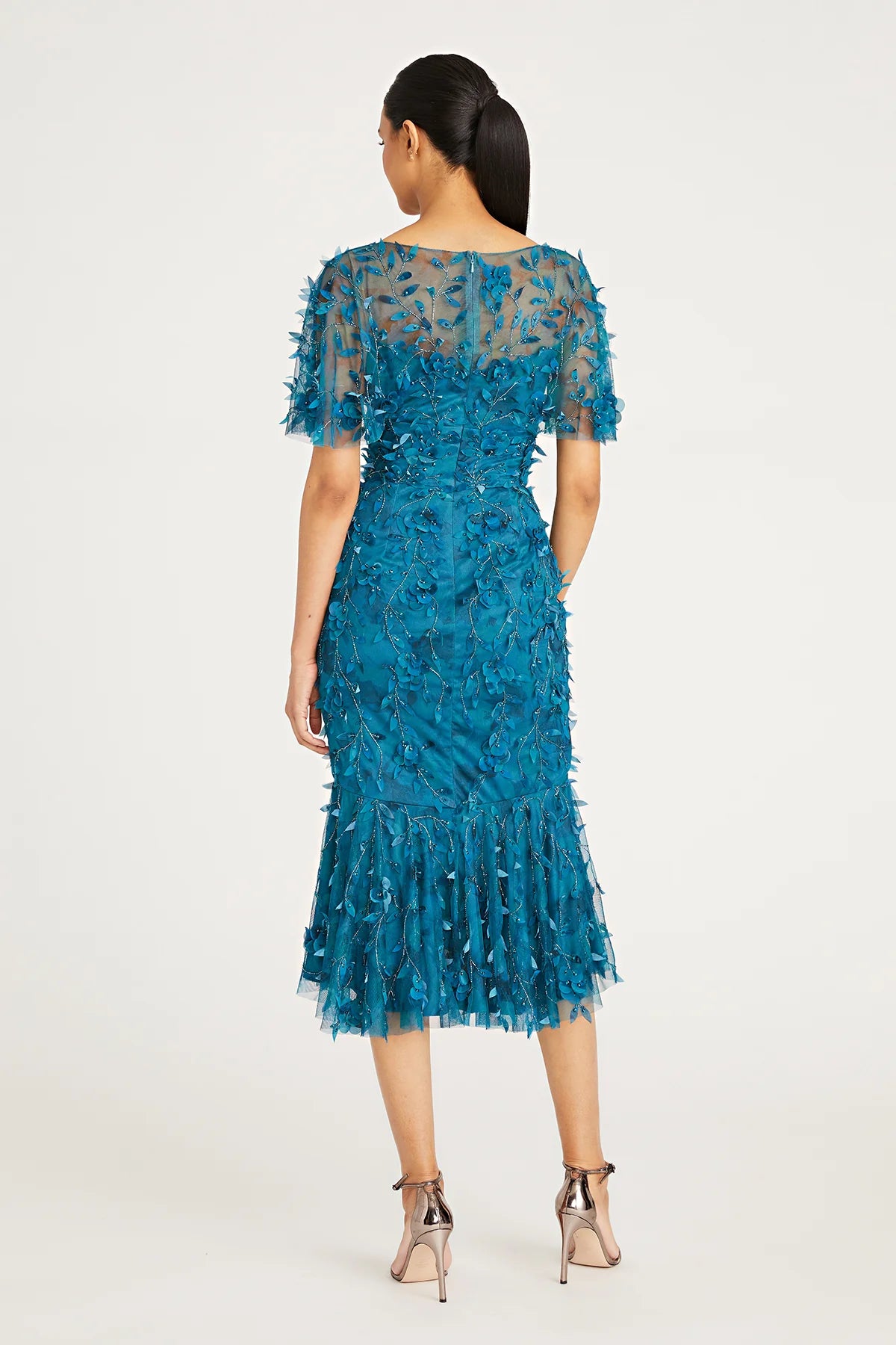 Theia Sloane Petal Cocktail Dress in Deep Sea - Flutter sleeve, beaded, fit-and-flare silhouette. Perfect for evening events.