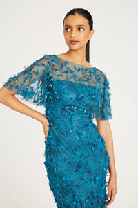 Theia Sloane Petal Cocktail Dress in Deep Sea - Flutter sleeve, beaded, fit-and-flare silhouette. Perfect for evening events.