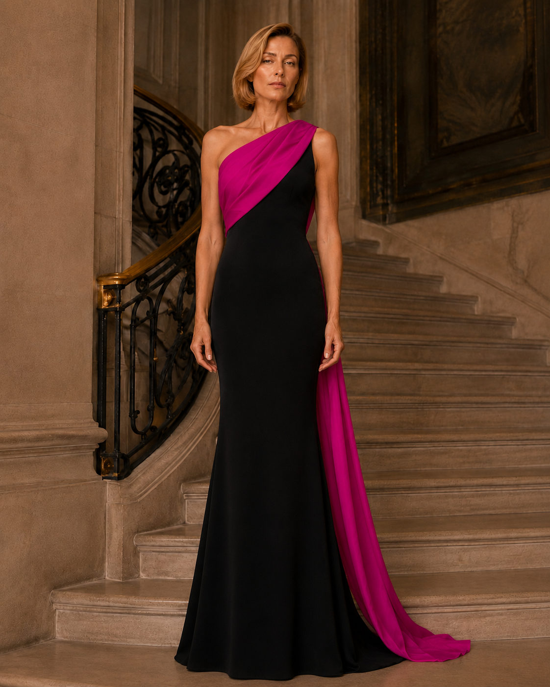 A woman stands on an indoor stone staircase wearing a floor-length evening gown with a black body and a vivid magenta-pink draped one-shoulder panel and matching train.