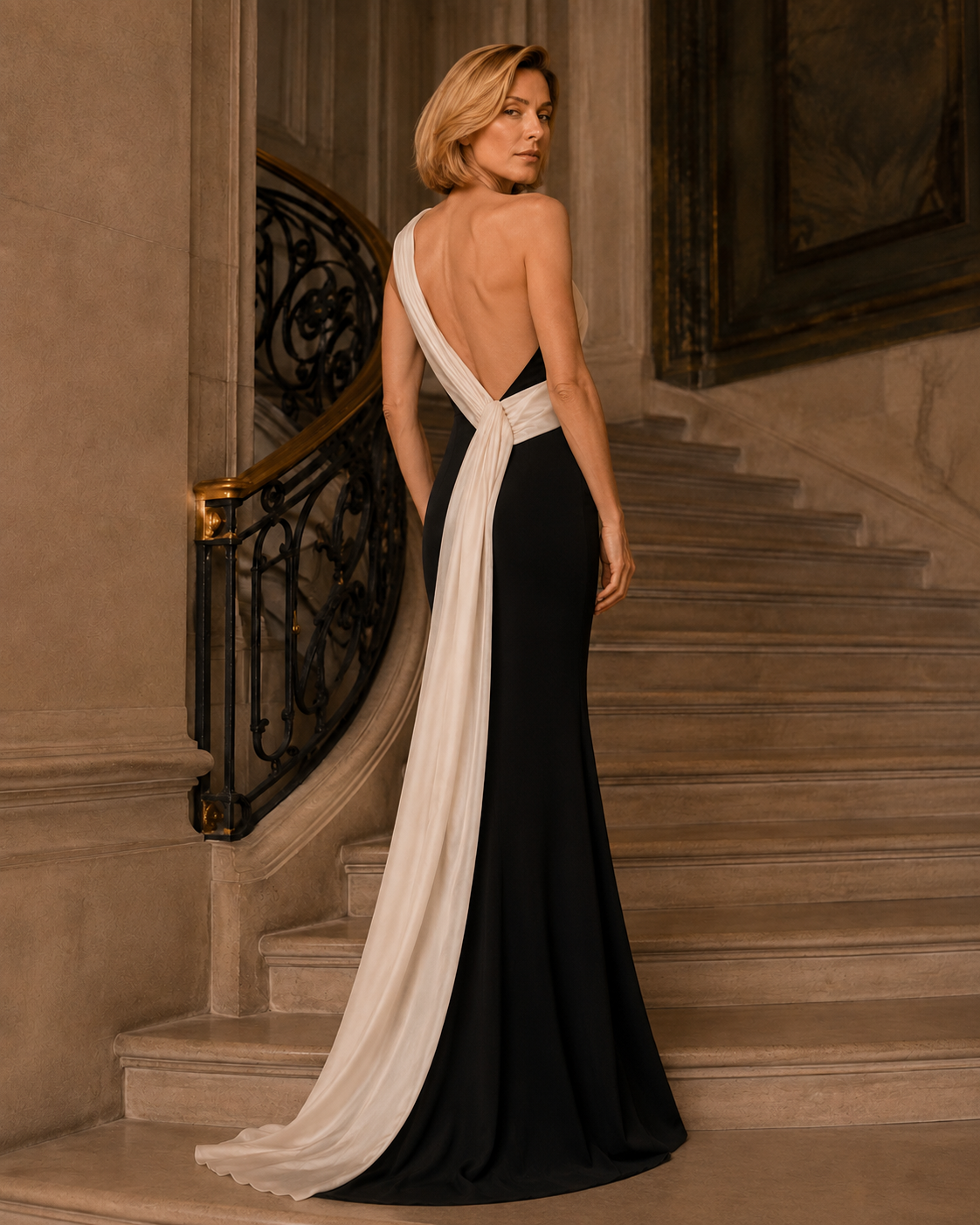 A woman stands on an indoor staircase wearing a formal evening gown shown from the back. The dress is black with a wide ivory draped waist detail and a single ivory shoulder strap.