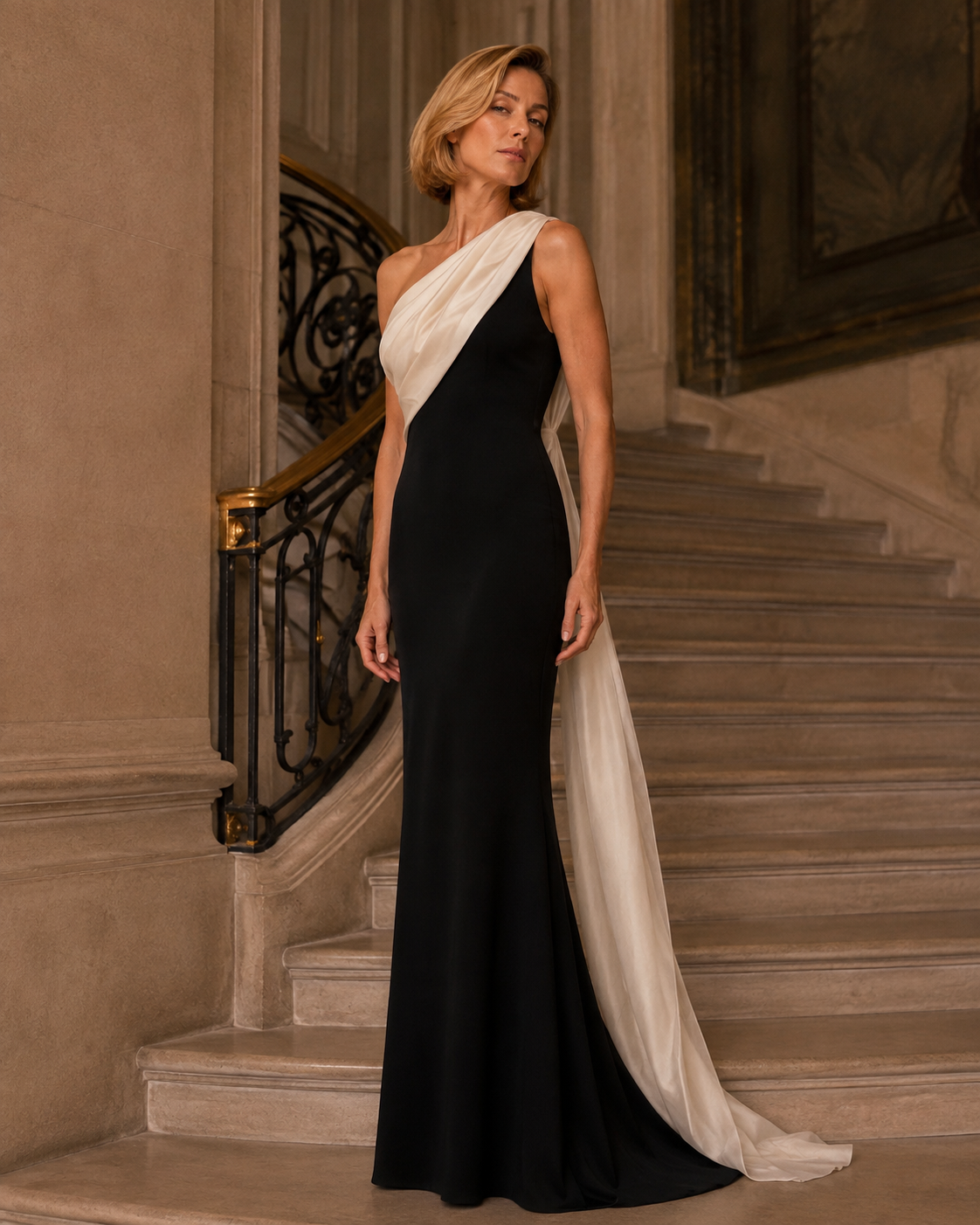 A woman stands on an indoor staircase wearing a floor-length one-shoulder gown in black with a draped off-white fabric panel across the bodice and cascading down the side. The setting is a warm, elegant interior with stone steps and a dark metal railing.