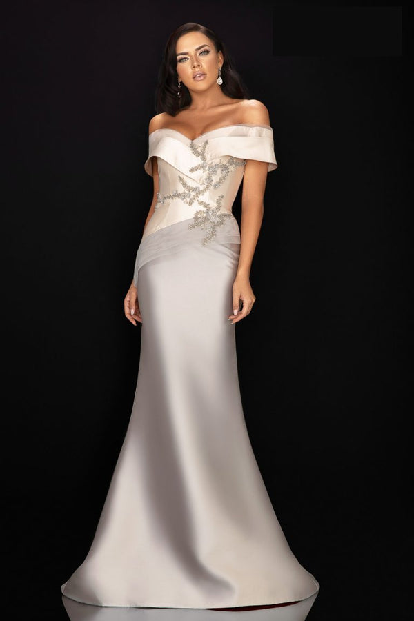 Terani 2011M2159 Tiered Folded Neckline Evening Dress - An elegant evening dress featuring a tiered folded neckline, perfect for evening events or mother of the bride or groom occasions.