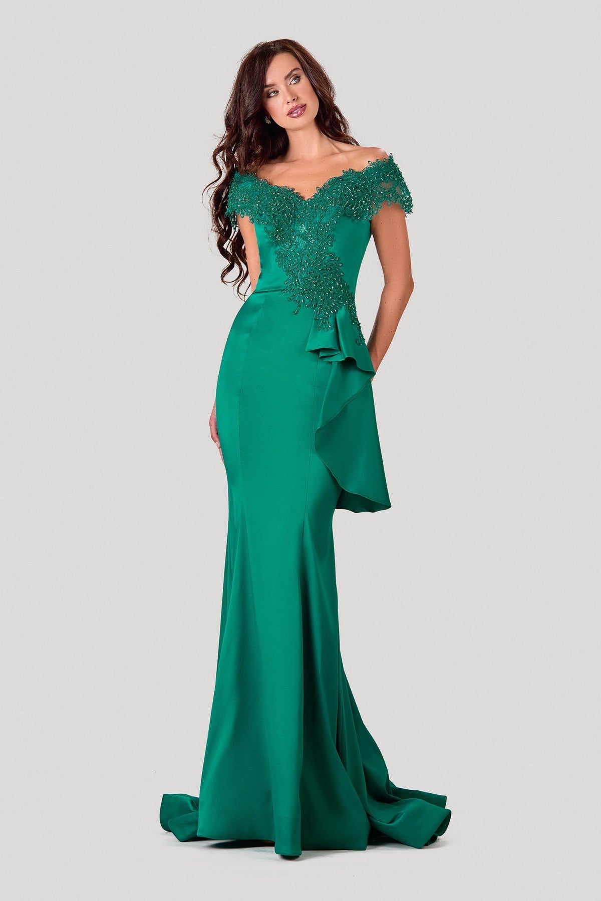 Terani Couture 2111M5255 Evening Gown - Off-Shoulder Trumpet Fit Dress with Embellished Neckline in Elegant Emerald.
