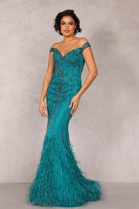 Terani 2214GL0113 Off-Shoulder Mermaid Gown with Beaded Bodice and Feather Flare