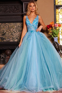 Captivating Blue Floral Embroidered Bodice Tulle A-line Ballgown by Jovani, available at Madeline's Boutique in Toronto, Canada and Boca Raton, Florida. Make a statement at your special event with this exquisite dress featuring a stunning floral embroidered bodice, flowing tulle skirt, and alluring sheer details. Perfect for prom or quinceañera, embrace elegance and style with Jovani at Madeline's Boutique.
