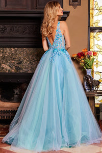 Captivating Blue Floral Embroidered Bodice Tulle A-line Ballgown by Jovani, available at Madeline's Boutique in Toronto, Canada and Boca Raton, Florida. Make a statement at your special event with this exquisite dress featuring a stunning floral embroidered bodice, flowing tulle skirt, and alluring sheer details. Perfect for prom or quinceañera, embrace elegance and style with Jovani at Madeline's Boutique.