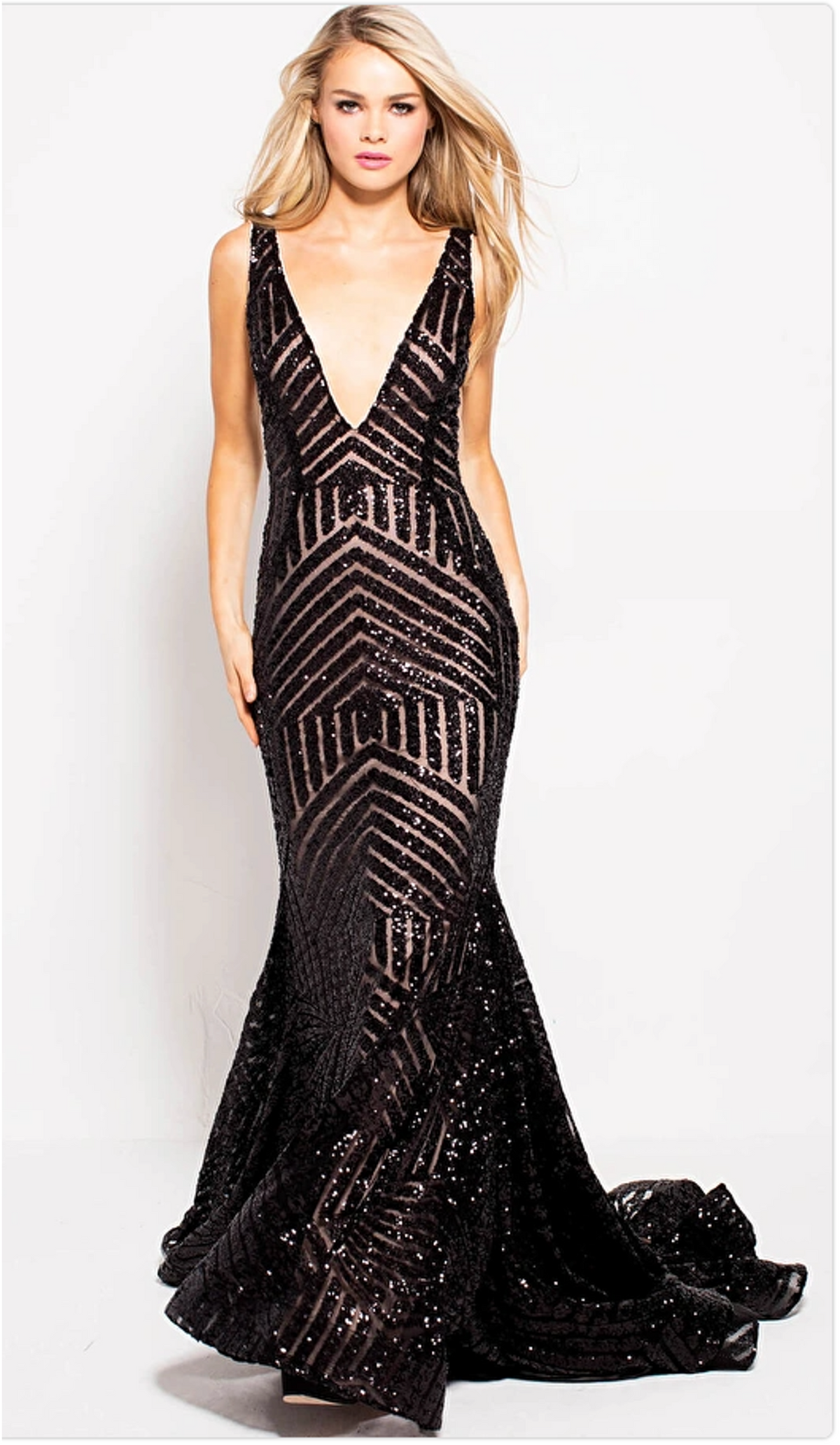 Stunning Jovani 59762 Sequin Embellished Prom Gown with Trumpet Silhouette and Plunging V-Neck - Ideal for Proms, Weddings and Black-Tie Events - Available in Multiple Sizes and Colors.  Color in the picture is black/Nude.