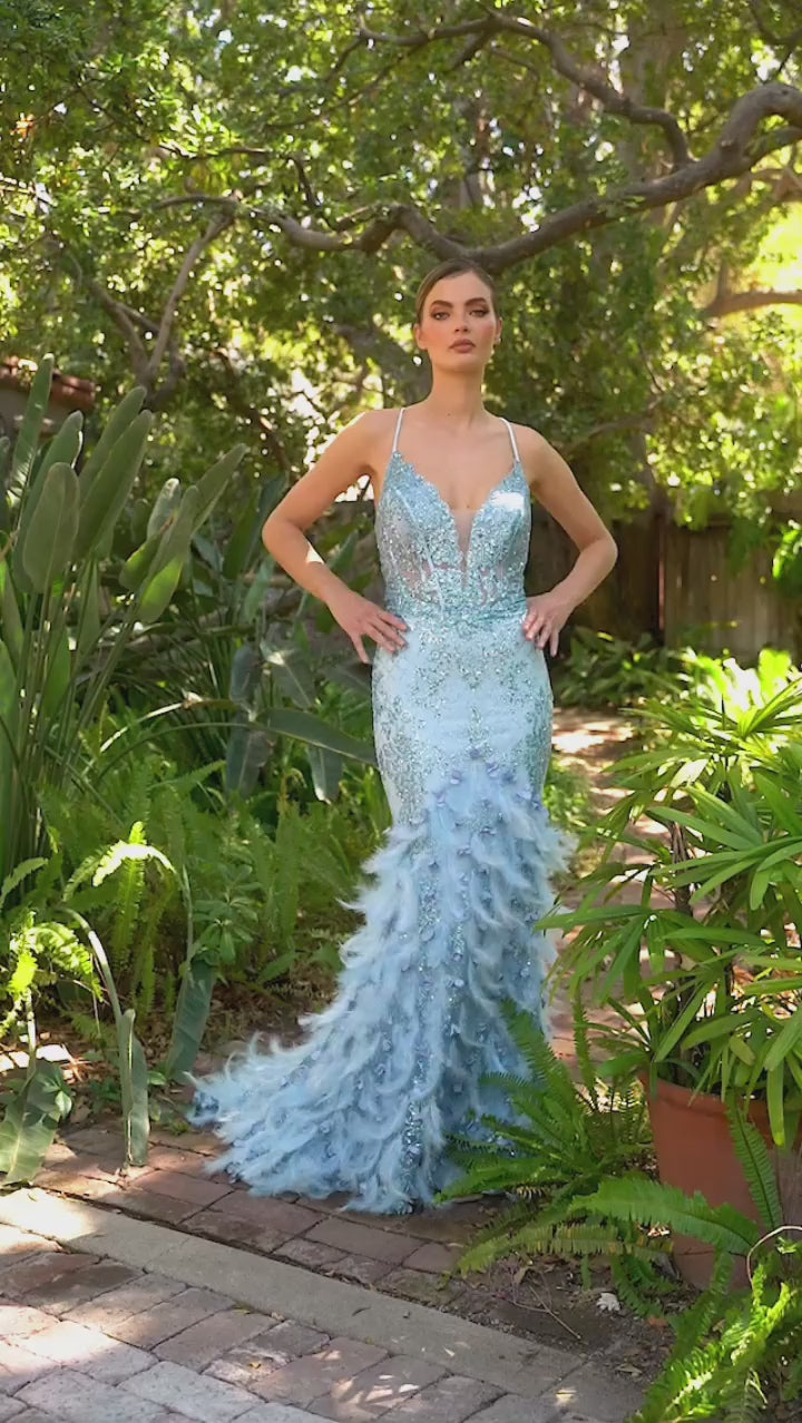 Andrea & Leo A1116 Dress - Floral Beaded Lattice Print Mermaid Gown with Lace-Up Corset, Feathered Lace Train, and Floral Appliques. Perfect for Prom, Pageant, and Red Carpet Events.  Video of Model wearing A1116 in Blue.