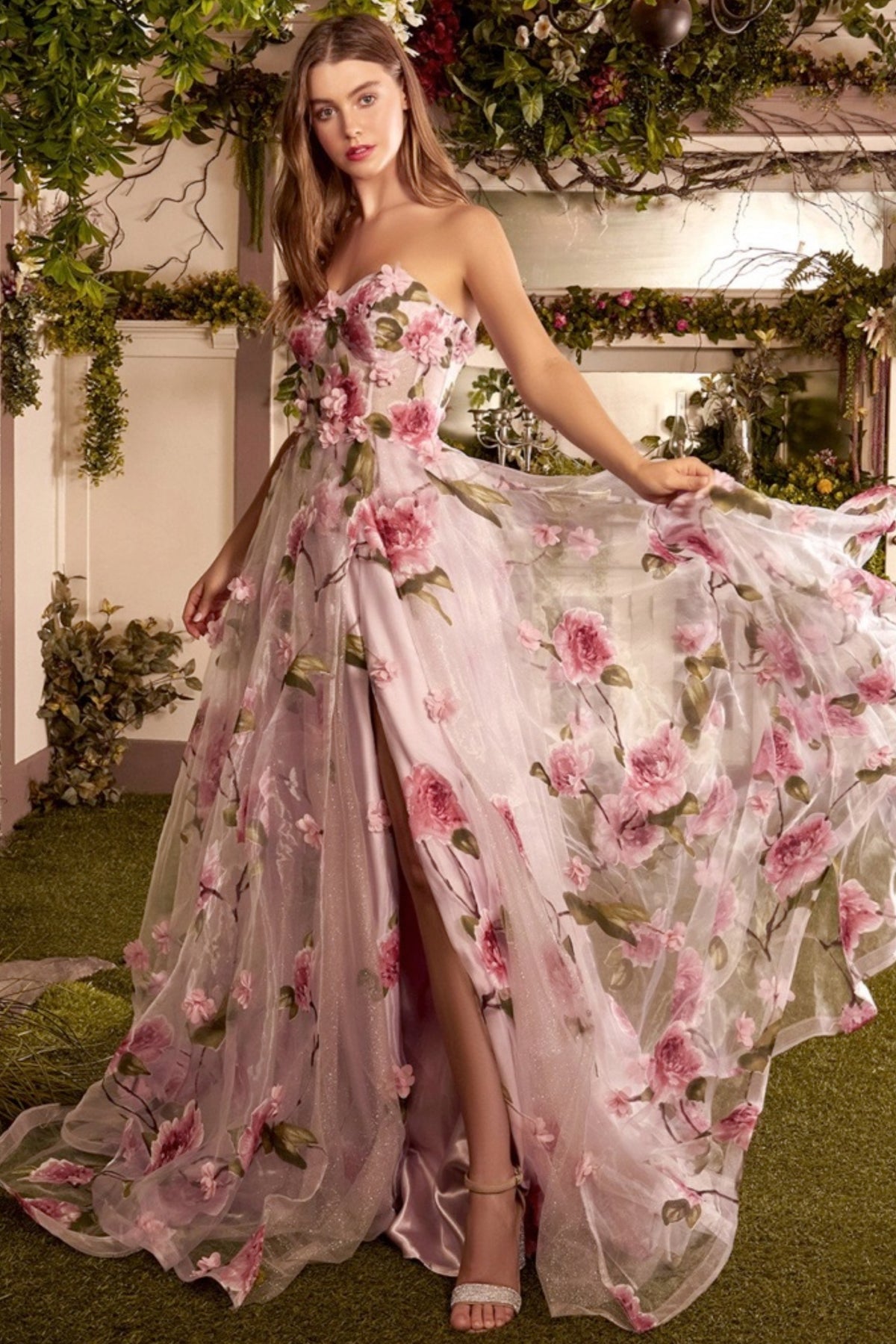 Andrea & Leo strapless gown style A1035 - Floral print organza gown with intricate 3D floral pedals. Perfect for prom, special occasions, and quinceañera celebrations.