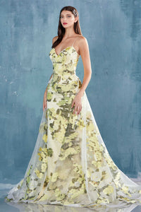 Shop the Andrea & Leo A0770 yellow floral printed gown at Madeline's Boutique in Toronto and Boca Raton. Perfect for prom, evening events, and quinceañera.