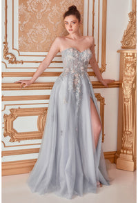 Strapless ball gown by Andrea & Leo, style A1089. Features intricate and delicate details with sheer floral appliqué corset bodice, leg slit, and over skirt. Available in Sage, Paris-Blue, and Blush-Mauve colors.