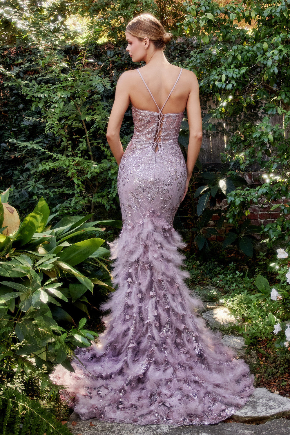 Andrea & Leo A1116 Dress - Floral Beaded Lattice Print Mermaid Gown with Lace-Up Corset, Feathered Lace Train, and Floral Appliques. Perfect for Prom, Pageant, and Red Carpet Events.  Dress in Mauve.