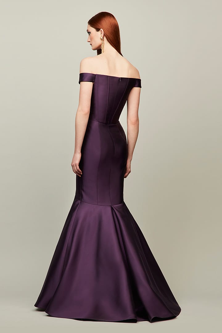 Silk Wool Fit and Flare Off the Shoulder Gown by Audrey & Brooks style number 6318 - Square Neckline, Bowknot Adornment, Perfect for Special Events, Mother of the Bride or Groom