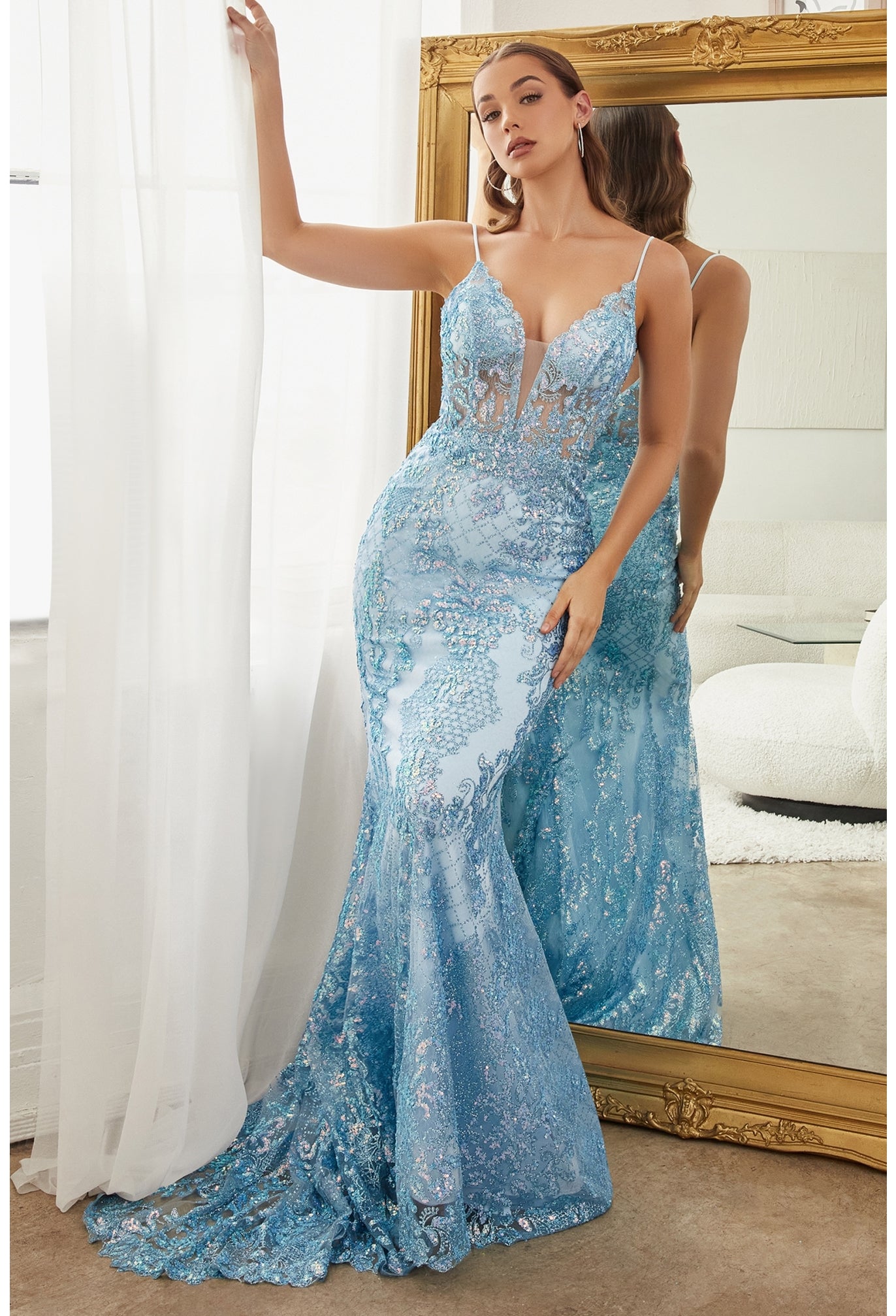 continuous mermaid dress Sheer-Waist Long Mermaid Prom Dress with Ruffles Light Blue / 4