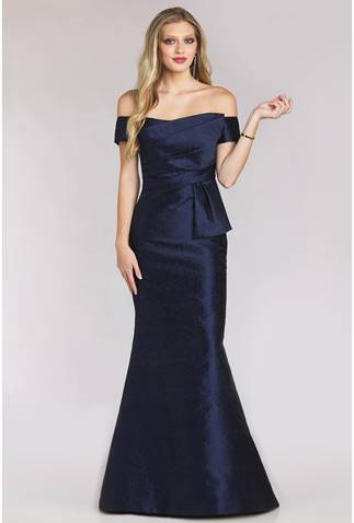 Off-shoulder maxi dress by Gia Franco with pleated bodice and peplum waistline. Ideal for evening events and mother of the bride or groom attire.